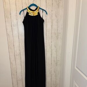 Elegant Black Halter Maxi Dress with Gold Accents